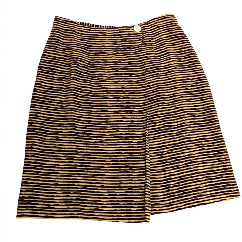 Rena Rowan for Saville faux wrap skirt elegant navy blue & tan knee length sz 10